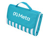 A picnic rug in aqua blue with white stripes, featuring a logo on the front and a carry handle.