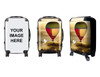 A wheeled suitcase featuring a colourful hot air balloon design, with a black frame and wheels. It has a logo and branding.