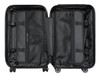 A black wheeled suitcase interior featuring two compartments with mesh pockets and straps for organisation.