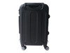 A black wheeled carry-on suitcase with a sturdy handle and smooth-rolling wheels, featuring a logo.