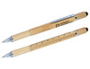A bamboo stylus pen in natural colour with a ruler feature and a metallic clip. It has a visible logo.