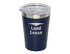 A drink bottle in navy blue with a stainless steel band and a clear lid, featuring a logo on the side.