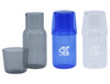 A drink bottle set featuring a clear carafe, a blue tumbler, and a grey tumbler, with a logo present.