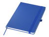 A blue A5 notebook with a textured cover, featuring an elastic band and a ribbon bookmark.