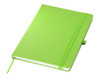 A bright green A5 notebook with a textured cover and an elastic closure, featuring a bookmark ribbon.
