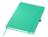A teal A5 notebook with a matching elastic band and a ribbon bookmark. It has a smooth cover and a logo.