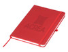 A red A5 notebook featuring a logo on the front and an elastic band closure.