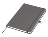 A grey A5 notebook with a textured cover, elastic band closure, and a ribbon bookmark. It has a logo on the front.