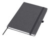 A grey A5 notebook with a textured cover and an elastic band closure, featuring a ribbon bookmark.