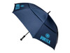 A navy blue RPET golf umbrella featuring a logo and a sturdy handle. Ideal for outdoor leisure activities.