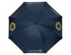 A navy umbrella with a yellow logo and branding, featuring a standard eight-panel design.