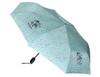 A mint green umbrella with a playful pattern and a logo. Features a manual opening mechanism.