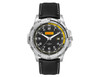 Sports watch with a black leather strap, stainless steel case, and a black dial featuring yellow accents and a date display.