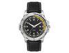 A sports watch featuring a black leather strap, stainless steel case, and a black dial with yellow accents.