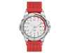 A sports watch with a silver face and a bright red nylon strap, featuring a logo on the side.