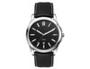 A casual unisex watch featuring a black face and a black leather strap, with a stainless steel case and a logo.