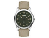A casual unisex watch featuring a green dial and a light brown rPET strap, with a silver-tone case and logo.