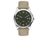 A casual unisex watch featuring a green dial, silver case, and a beige rPET strap, with a logo on the dial.