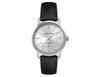 A silver casual dress watch with a black leather strap, featuring a silver dial and a logo on the face.