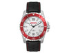 A sports watch with a white face, silver casing, and black leather strap featuring red accents and a logo.