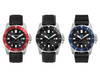 A collection of three sports watches featuring leather and silicone straps, with red, black, and blue accents.