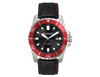 A sports watch with a black face, red bezel, and a black leather strap featuring red stitching. Includes a logo.