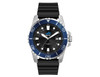 A sports watch featuring a black silicone strap and a black dial with blue accents, complete with a branding logo.