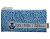 A blue pencil case featuring various office supplies illustrations and a logo, with a zip closure.