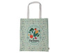 A green tote bag featuring a variety of vegetables and a circular logo, with white handles and a patterned background.