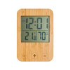 A digital weather station with a bamboo frame displaying the time, temperature in Celsius, and humidity percentage.