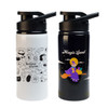 A drink bottle featuring a white design with sketches on one side and a black side with a colorful character illustration.