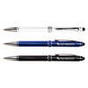 A set of three Columbia Aluminium Pens in white, blue, and black, featuring a logo on the blue and black pens.