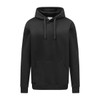 A black premium hoodie featuring a front pocket and drawstring hood. It has a logo on the front.