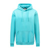 A turquoise hoodie with a front pocket and a drawstring hood, featuring a logo on the front.