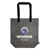 A grey tote bag with black handles and a logo displayed prominently on one side.