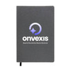 A grey notebook featuring a logo and a ribbon bookmark.