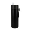 A sleek black drink bottle with a straw and a carrying strap, featuring a simple design and a logo.