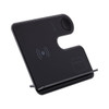 A black wireless charger with a sleek, modern design and an integrated stand for electronic devices.