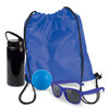 A drawstring backpack in blue, a black drink bottle, a blue ball, and a pair of purple sunglasses.