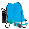 A drink bottle, a vibrant blue drawstring bag, a teal ball, and stylish turquoise sunglasses are displayed together.