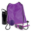 A black drink bottle, a purple drawstring backpack, a purple ball, and purple sunglasses.