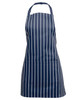 A navy striped apron featuring a pocket and an adjustable neck strap, with a branding logo.