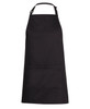 A black work apron featuring a front pocket and an adjustable neck strap. Includes a logo.