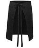 A black apron with a front opening and tie closure at the waist. Features a smooth, shiny texture and has a logo.