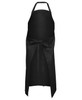 A black apron with a tie waist and adjustable neck strap, featuring a logo.