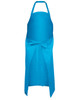 A bright blue apron with a tie-back design and adjustable neck straps. It features a logo.