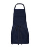A navy blue apron featuring a tie closure and front pockets, with a logo on the fabric.