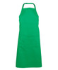 A bright green apron featuring a front pocket and an adjustable neck strap, with a logo present.