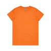 An orange T-shirt with a round neckline and short sleeves, featuring a logo on the label.