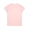 A pink T-shirt with a simple round neckline and short sleeves, featuring a logo on the back.
